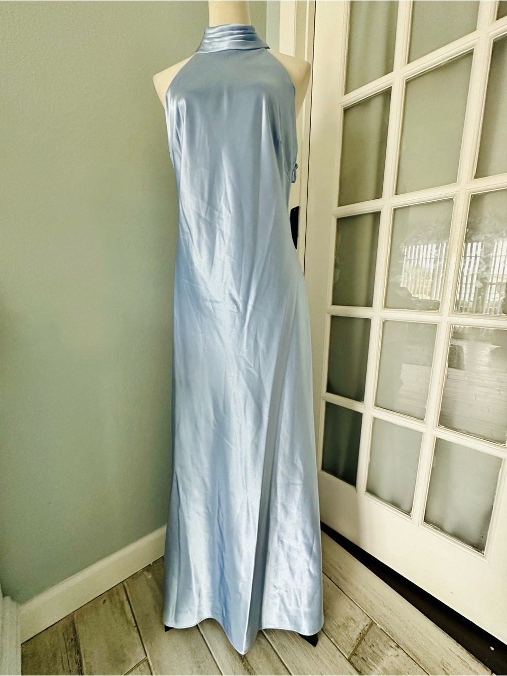 Xscape Satin Halter Maxi Dress in Light Blue
